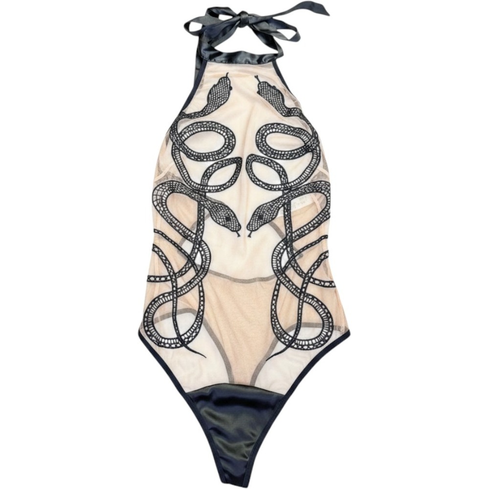 Thistle and Spire Medusa Bodysuit S Black Butterscotch Snake Mesh Sheer NWT Sexy